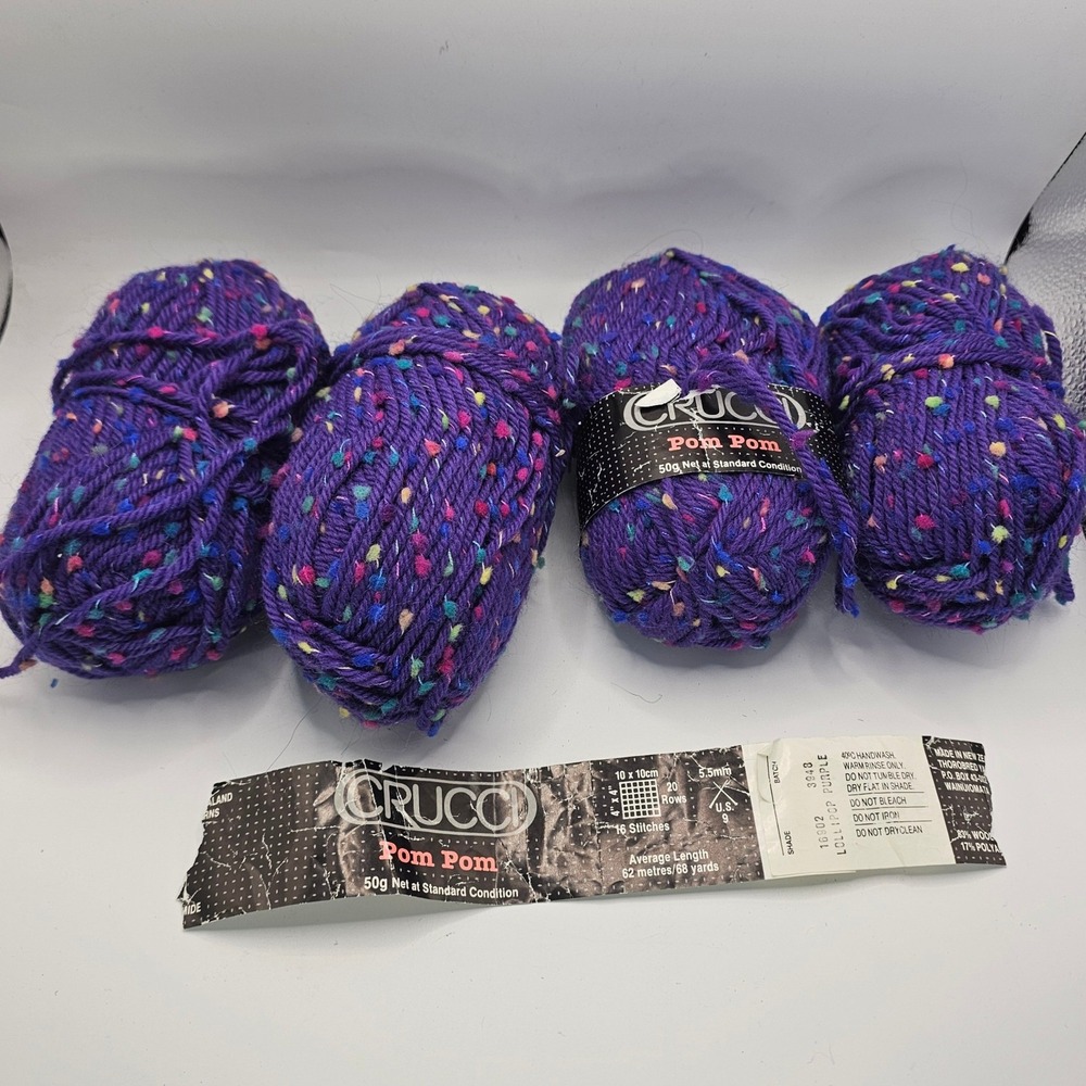 Crucci Pom Pom Yarn Lot 4 Skeins Lollipop Purple Wool Blend Knitting Crochet